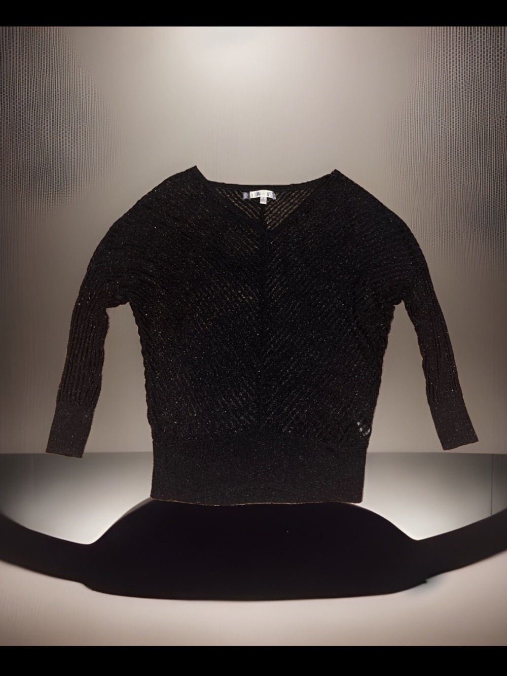 Jennifer Lopez V-Neck Chevron Open Knit Metallic Sparkle Silver Glitter Sweater